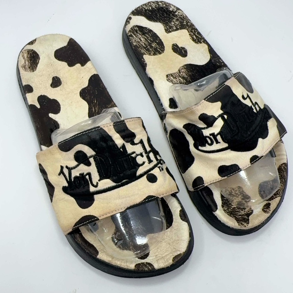 Von Dutch Cow Print Pony Hair Slides Mens 11 Y2K Logo Sandals MSH1035 Slip On